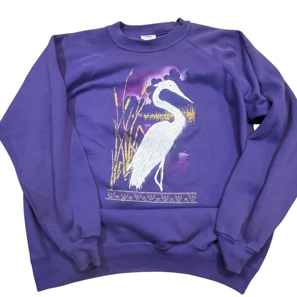 Purple Crane Nature Crewneck Sweatshirt Women XL Grandmacore Bird‎ 90s cozy